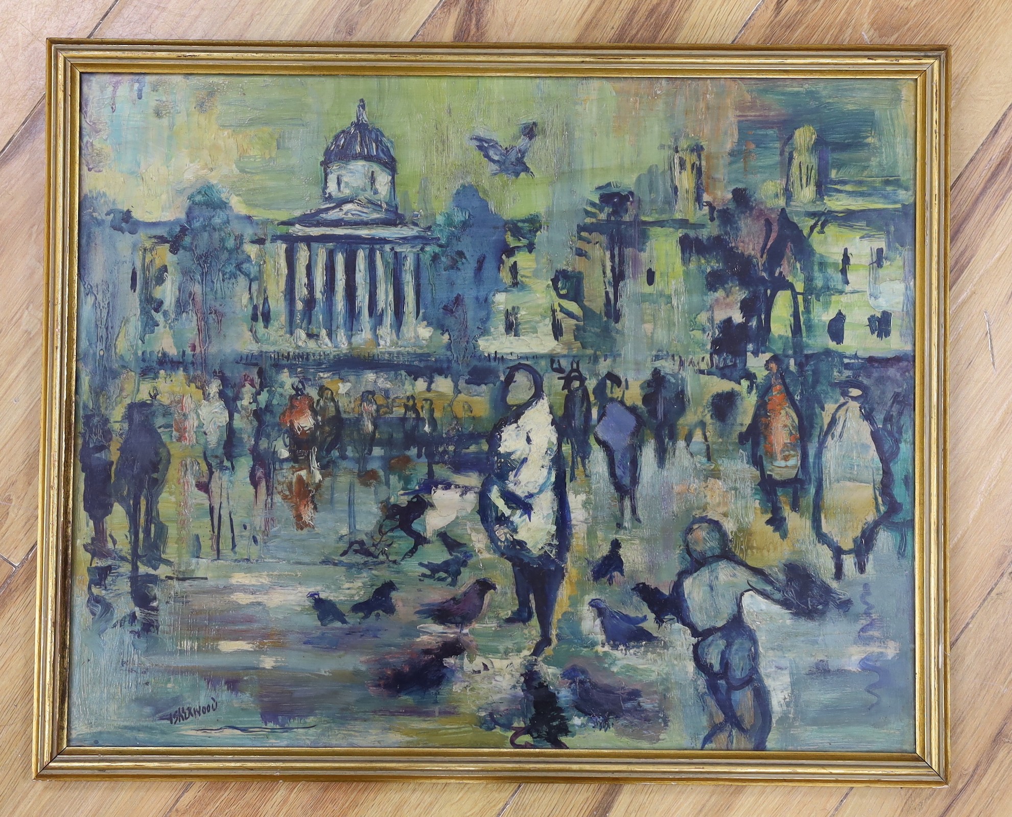 James Lawrence Isherwood FRSA, FIAL (1917-1989), oil on board, London street scene, near St. Paul’s, signed, 40 x 50cm. Provenance: Gifted by the artist, to the sellers parents, whilst they were London publicans.